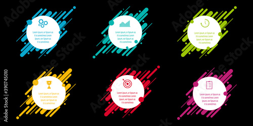 Modern infographics design with 6 options in circle shape with business icons and text box, presentation and web template