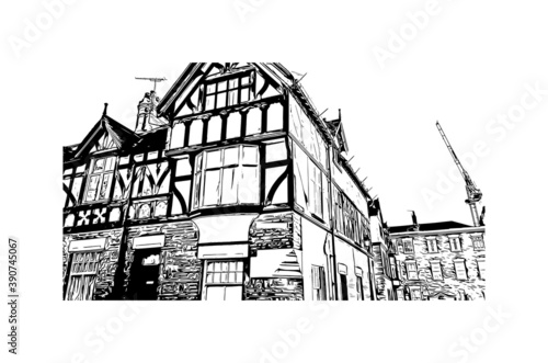 Building view with landmark of Chester is a city in northwest England. Hand drawn sketch illustration in vector.