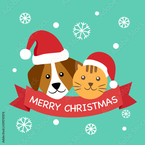 Dog and cat wearing Santa hat with snowflakes on background. Merry Christmas concept vector illustration. Holiday season.