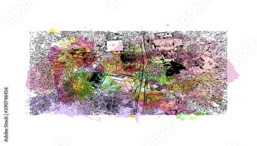 Building view with landmark of Chiang Mai is a city in mountainous northern Thailand. Watercolor splash with hand drawn sketch illustration in vector.