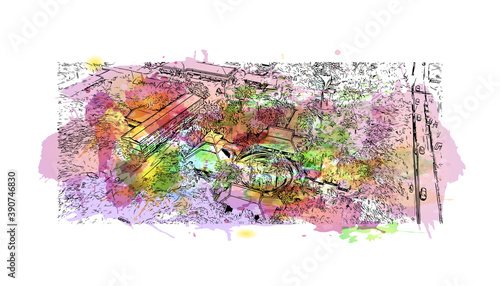 Building view with landmark of Chiang Mai is a city in mountainous northern Thailand. Watercolor splash with hand drawn sketch illustration in vector.