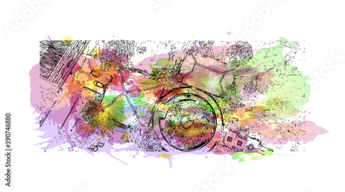Building view with landmark of Chiang Mai is a city in mountainous northern Thailand. Watercolor splash with hand drawn sketch illustration in vector.