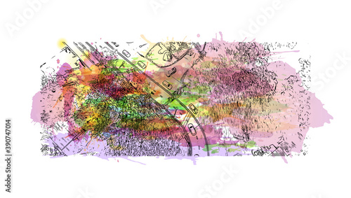 Building view with landmark of Chiang Mai is a city in mountainous northern Thailand. Watercolor splash with hand drawn sketch illustration in vector.