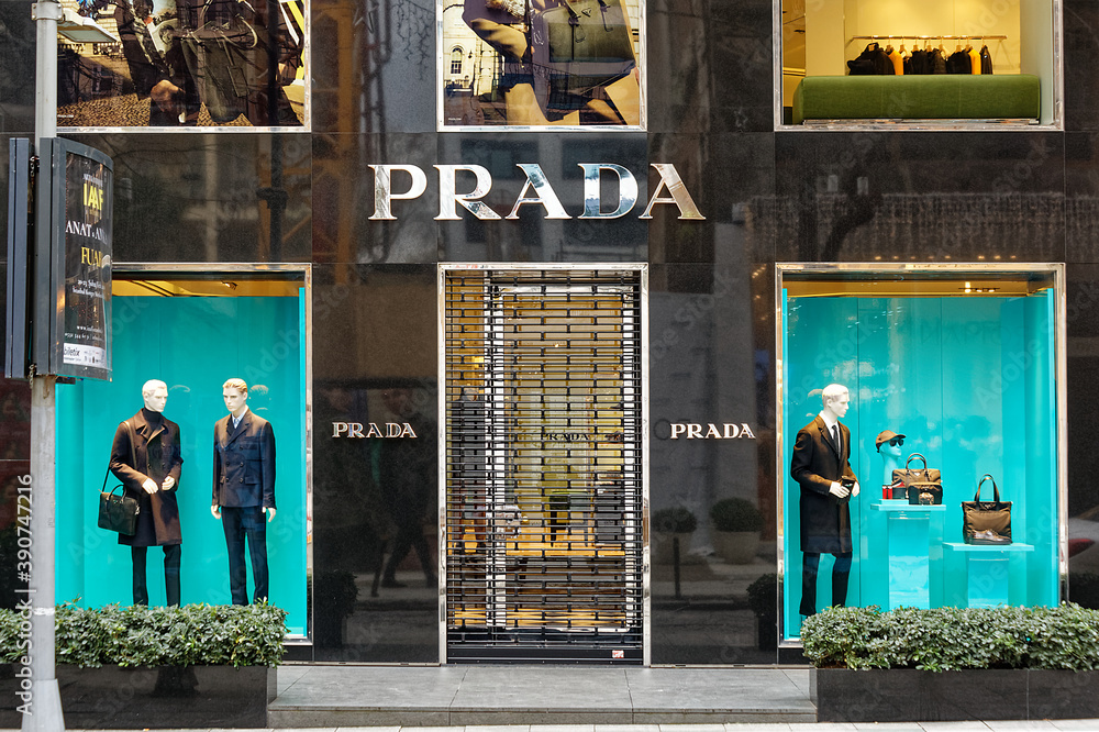 Prada fashion store façade displaying mannequins with men's collection in  display window in Nisantasi, Istanbul / Turkey - January 05 2020. Stock  Photo | Adobe Stock