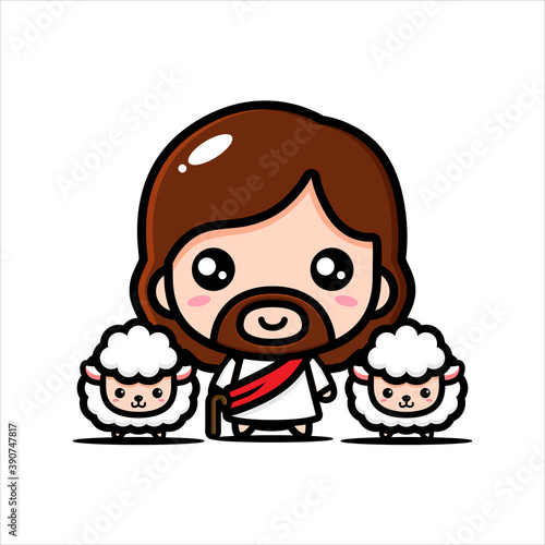 jesus character vector design of shepherding cute sheep
