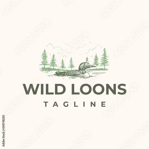 Wild loons bird swimming in lake with pines forest in background logo design template