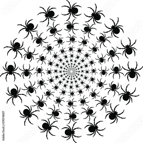 Black spiders background in the shape of a circle. Izolated vector illustration. Use for printing, posters, T-shirts, textile drawing, print pattern. Follow other spiders patterns in my collection.