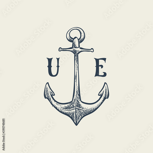 U and E initial letter with anchor logo vector design