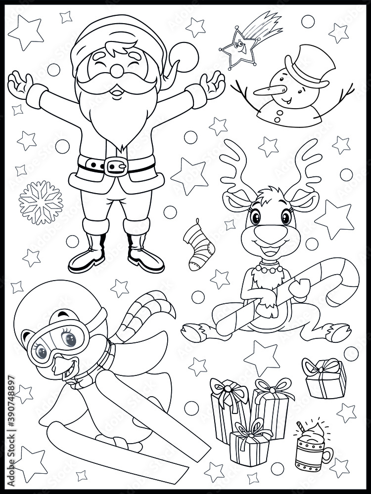 Coloring book page with animals for Christmas - Coloring page- Black