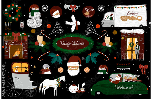  Vintage Christmas. Vector New Year collection of Christmas elements for printing, cards, design, packaging, background.