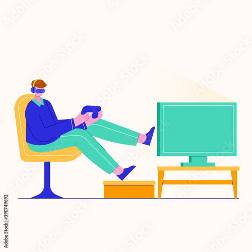Young man playing video games at home. Cross-platform gaming concept illustration.