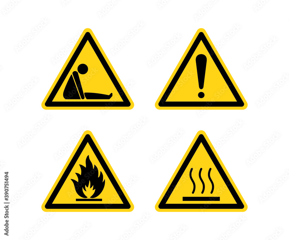 A total of 4 warning signs are included. 4 images. 4 meanings. Be careful. Be careful. Warning signs. Beware of fire. Beware of heat. Vector illustration A total of 4 warning signs are included. 4 images. 4 meanings. Be careful. Be careful. Warning signs. Beware of fire. Beware of heat. Vector illustration
