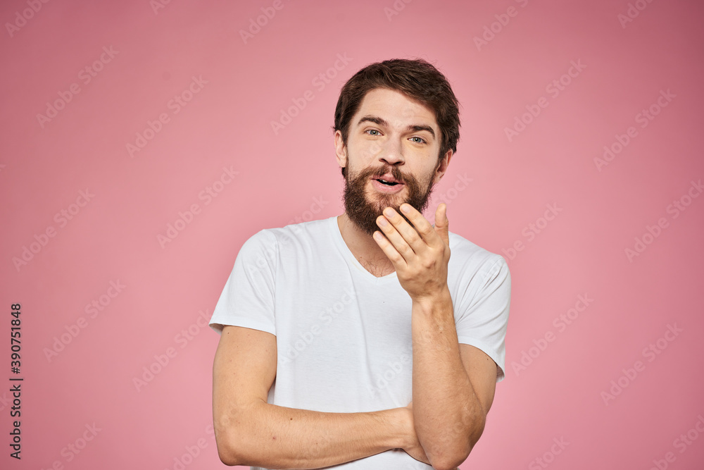 cheerful bearded man white t-shirt emotions cropped view pink background cheerful bearded man white t-shirt emotions cropped view pink background