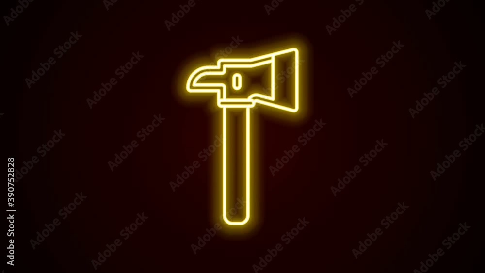 Glowing neon line Firefighter axe icon isolated on black background. Fire axe. 4K Video motion graphic animation Glowing neon line Firefighter axe icon isolated on black background. Fire axe. 4K Video motion graphic animation