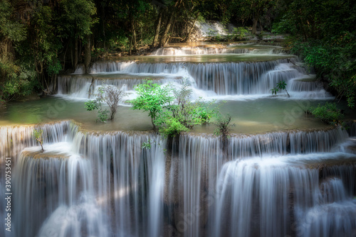 Fototapeta Naklejka Na Ścianę i Meble -  Huai Mae Khamin Waterfall, the most popular attraction at Khuean Srinagarindra National Park in Kanchanaburi Province in Thailand.