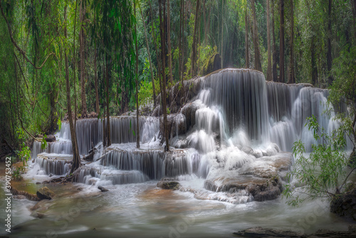 Huai Mae Khamin Waterfall  the most popular attraction at Khuean Srinagarindra National Park in Kanchanaburi Province in Thailand.