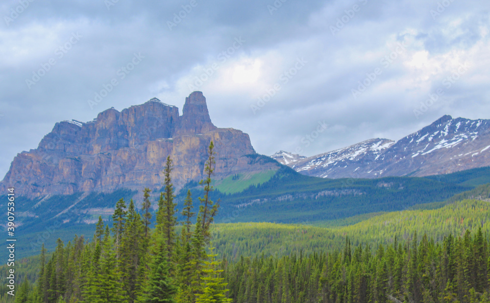 A landscape picture of the mountain and adjacent forest at the Banff National Park. 