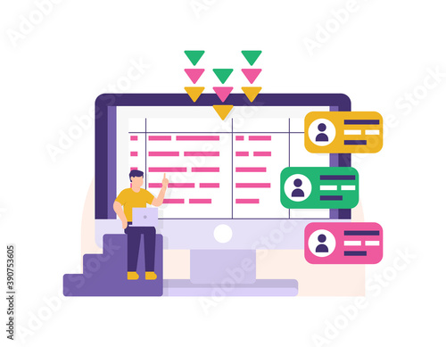 concept of data entry staff, server admin, data manager. illustration of a man sitting and entering user account data or identity into a computer database. storage technology. flat style design