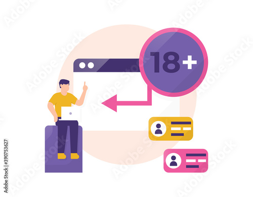 concept of adult sites or channels. access for 18+. illustration of man sitting using a laptop to access adult content. flat style. design elements