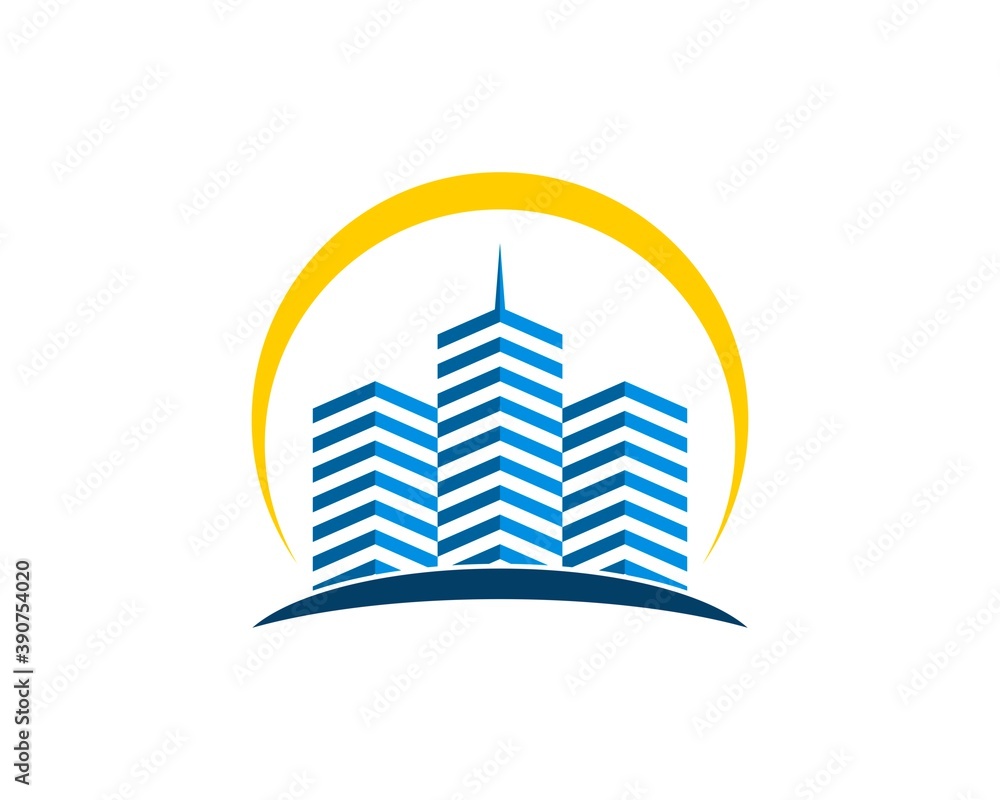 Obraz premium Abstract three building with yellow swoosh