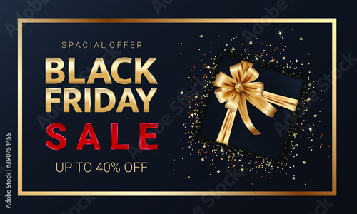 gold black friday lettering with black gift box among gold glitter on the dark background poster for promotion.
