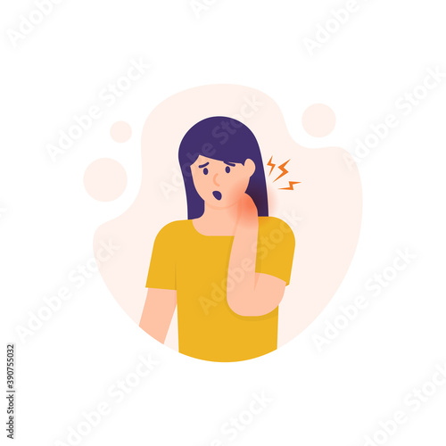 illustration of a woman holding her neck because the neck feels stiff and sore. experiencing neck pain, muscle pain, osteoarthritis, pinched nerves, rheumatism, and fibromyalgia. flat style design