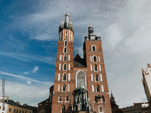  Krakow Poland. St. Mary's Church Old Town, center, naturally vivid photo of Krakow's architecture. Travel