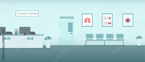Cancer center interior with counter and waiting area flat design vector illustration