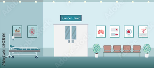 Cancer clinic interior with counter and waiting area flat design vector illustration