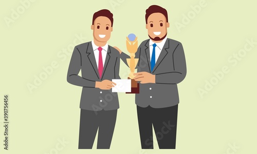 Boss giving trophy to his male employee