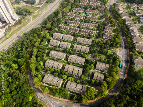 An aerial top down view of luxury bungalow house