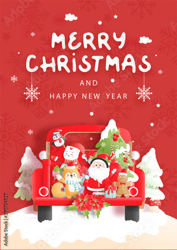 Christmas card with santa and friends, Christmas truck.