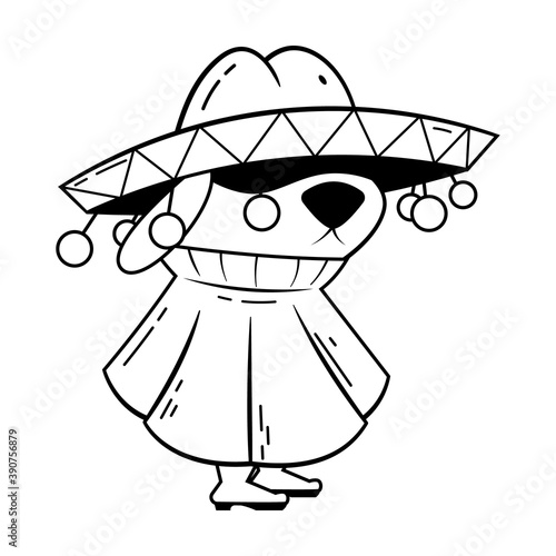 Funny Puppy Cartoon Characters wearing sombrero Hat and mexican poncho, best for coloring book of children with wild west themes