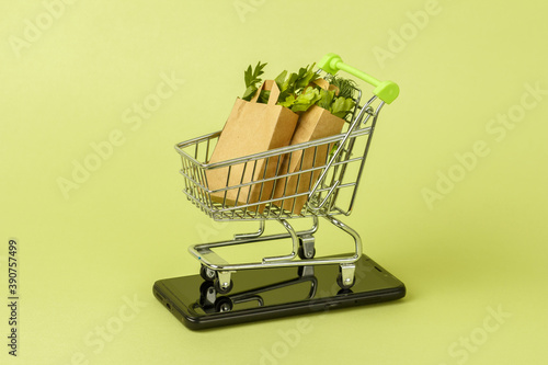 Paper shopping bags with fresh green salad in cart, trolley. Eco food delivery concept.