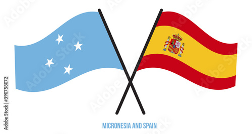 Micronesia and Spain Flags Crossed And Waving Flat Style. Official Proportion. Correct Colors.