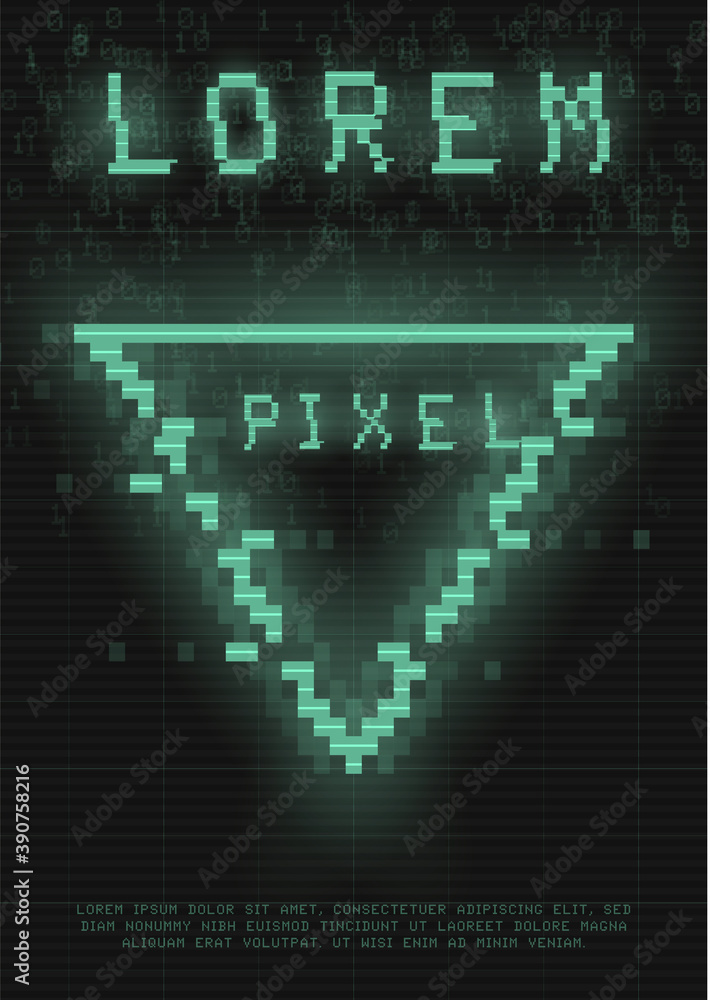 Retrofuturistic poster with a cyber glitch pixel triangle. Cyberpunk template with a holographic green neon triangle with distortion effect. Glowing design for poster, flyer, cover. Vector Retrofuturistic poster with a cyber glitch pixel triangle. Cyberpunk template with a holographic green neon triangle with distortion effect. Glowing design for poster, flyer, cover. Vector