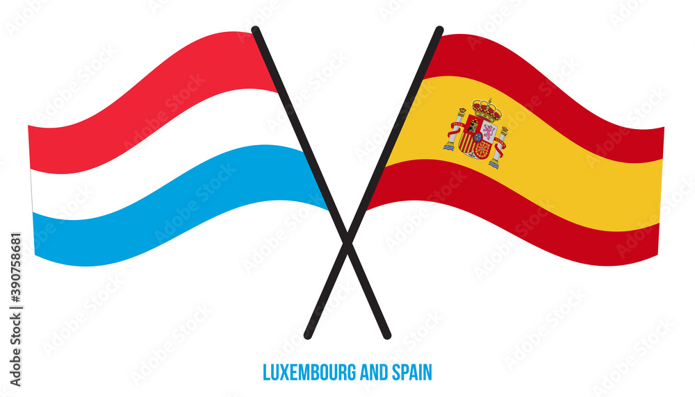 Luxembourg and Spain Flags Crossed And Waving Flat Style. Official Proportion. Correct Colors. Luxembourg and Spain Flags Crossed And Waving Flat Style. Official Proportion. Correct Colors.