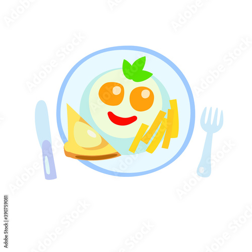 Breakfast, a plate of scrambled eggs and toast and french fries, cartoon flat style, isolated color vector art illustration icon. Design for stickers, logo, web and mobile app.