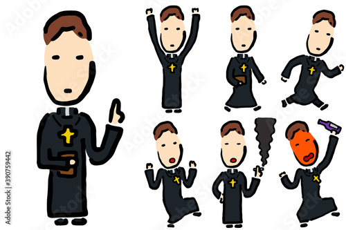  Catholic Priest Set: Hand drawn vector illustration like woodblock print