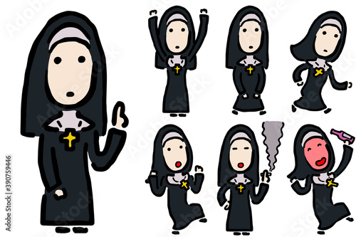 Catholic Nun  Set: Hand drawn vector illustration like woodblock print