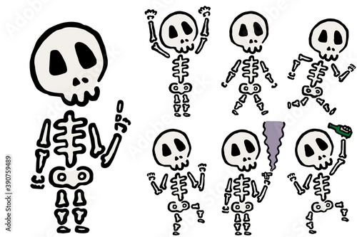  Skeleton Set: Hand drawn vector illustration like woodblock print