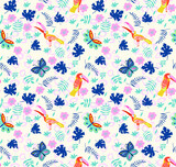 Vector illustration with toucans and butterflies. Hand drawn drawing about birds and insects. Seamless pattern for boys and girls. Children's design template for fabrics and textiles.