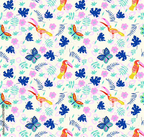 Vector illustration with toucans and butterflies. Hand drawn drawing about birds and insects. Seamless pattern for boys and girls. Children s design template for fabrics and textiles.