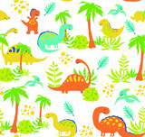 
Vector seamless pattern with dinosaurs and floral patterns. leaves of grass and reptiles in a digital ornament. Beautiful fabulous background. Pattern for baby fabrics 