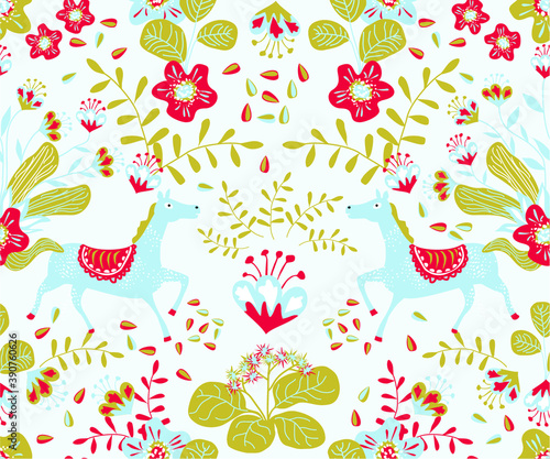 
Seamless vector pattern with flowers and horses in folk art style. Retro style of decoration of fairy tales and folklore