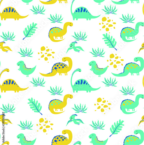  Vector seamless pattern with dinosaurs and floral patterns. leaves of grass and reptiles in a digital ornament. Beautiful fabulous background. Pattern for baby fabrics 