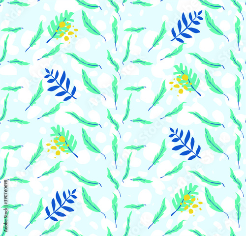 Vector seamless pattern with floral patterns. palm leaves and tropical flowers in a digital ornament. Beautiful tropical background. Pattern for beautiful fabrics