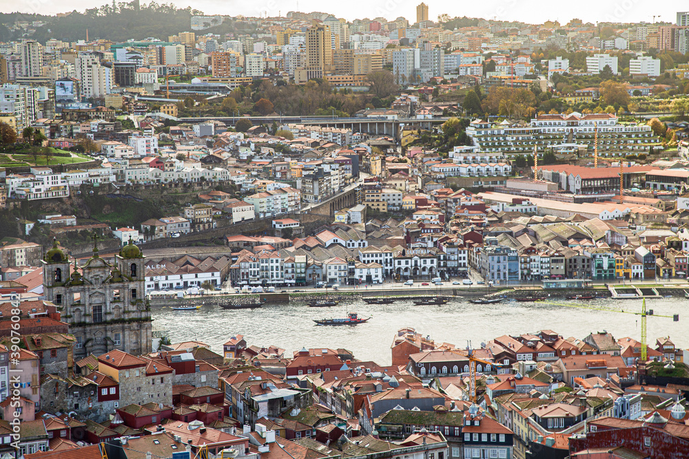 Boat on the river douro, view from above the city of Porto in Portugal