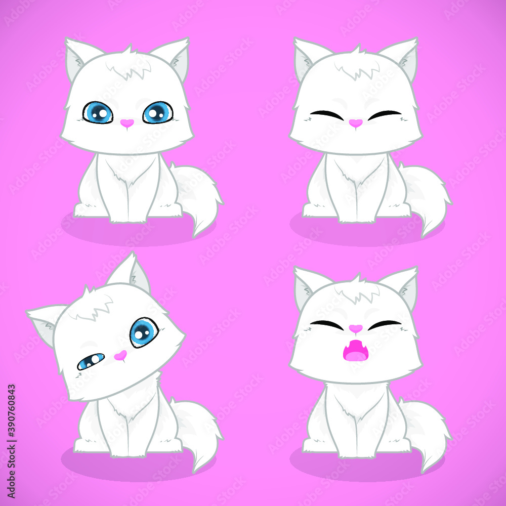 Fototapeta premium Set of cute white cats flat icons pet design collection isolated over white background. Vector Illustration Cartoon.