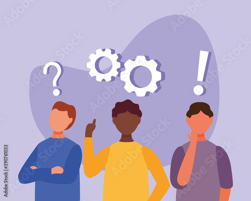 interracial men doubting with question marks and gears